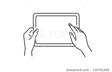 Line drawing illustration of a hand operating a landscape tablet device (black and white) 126782480
