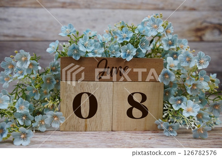 Wooden Calendar Showing the Date of June 8th. Day 8 of June 126782576