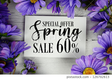 Spring Sale 60% Promotion and Marketing with flowers bouquet decoration on wooden background 126782613