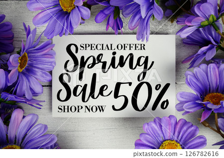 Spring Sale 50% Promotion and Marketing with flowers bouquet decoration on wooden background 126782616