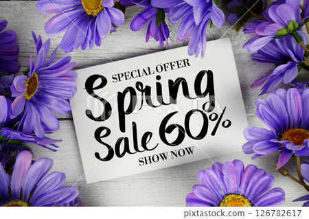 Spring Sale 60% Promotion and Marketing with flowers bouquet decoration on wooden background 126782617