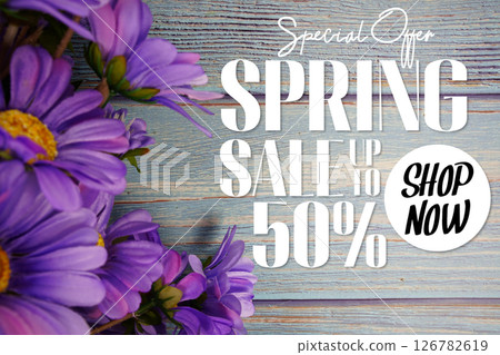 Spring Sale 50% Promotion and Marketing with flowers bouquet decoration on wooden background Spring Sale 50% Promotion and Marketing with flowers bouquet decoration on wooden background 126782619