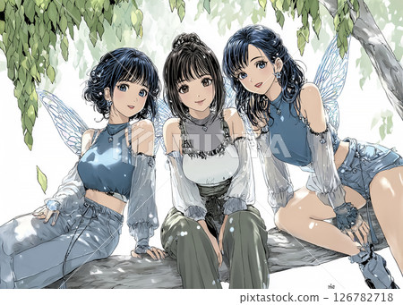 Illustration material of three smiling pixie fairy sisters 126782718