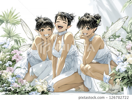 Illustration material of three smiling pixie fairy sisters Illustration material of three smiling pixie fairy sisters 126782722