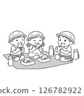 Kindergarteners eating onigiri bento on a field trip, monochrome 126782922