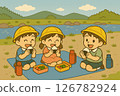 Kindergarteners eating onigiri bento lunches on a field trip to the river 126782924