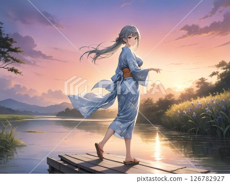 A girl in a yukata walks along the water's edge 126782927
