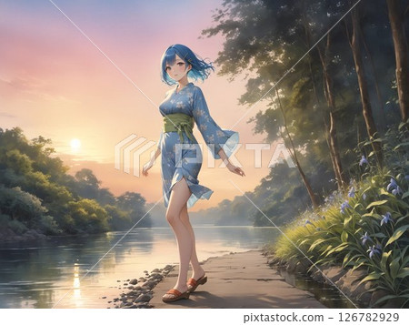 一位身穿浴衣的女孩沿著水邊行走 126782929