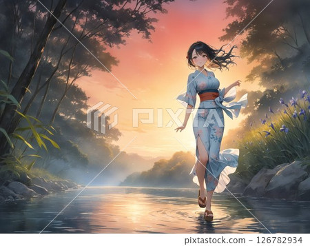 A girl in a yukata walks along the water's edge 126782934