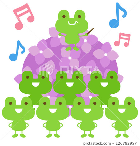 Small frogs singing together in front of hydrangeas Small frogs singing together in front of hydrangeas 126782957