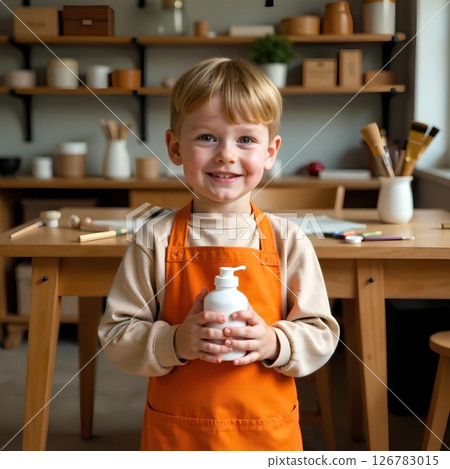 A child stands in an art or craft studio. The child is wearing an orange apron over a beige sweater 126783015