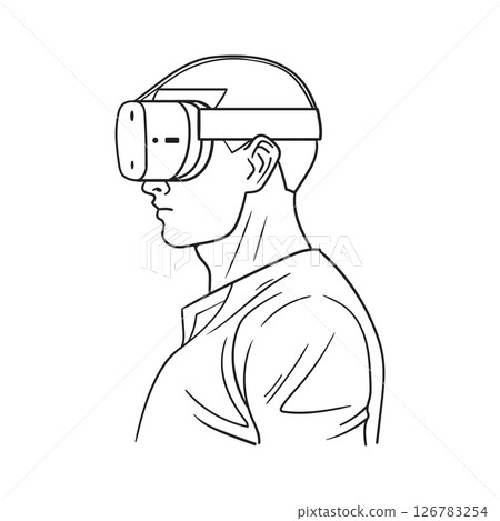 Black and white line drawing person wearing VR headset headphones Black and white line drawing person wearing VR headset headphones 126783254