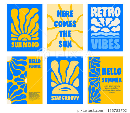 Groovy Retro Posters. Summer Wall Art with Sunshine Rays and Motivational Quotes 126783702