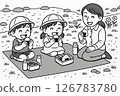 Smiling kindergarten children and a female teacher eating onigiri bento lunches on a field trip to the riverside, monochrome 126783780