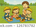 Smiling kindergarten children and a female teacher eating onigiri bento lunches on a field trip 126783782
