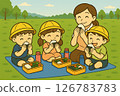 Smiling kindergarten children and a female teacher eating onigiri bento lunches on a field trip 126783783