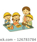 Smiling kindergarten children and a female teacher eating onigiri bento lunches on a field trip 126783784