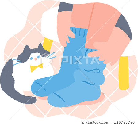 A person wearing socks and a cat A person wearing socks and a cat 126783786