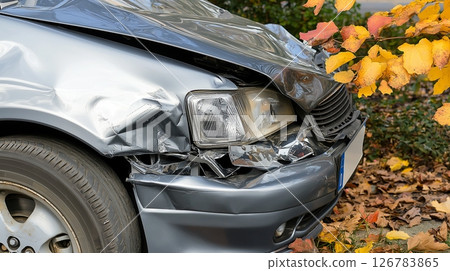 Damaged silver car front with autumn leaves after collision 126783865