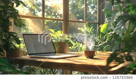 Sunlit workspace with laptop and coffee surrounded by lush indoor plants 126783866