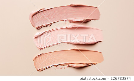 Three swatches of nude makeup foundation on beige background 126783874