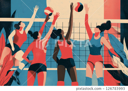 Dynamic teamwork portrayed in vibrant female volleyball action at sunset Dynamic teamwork portrayed in vibrant female volleyball action at sunset 126783993