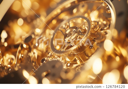 Close-up of intricate gold clockwork gears, suitable as a steampunk background Close-up of intricate gold clockwork gears, suitable as a steampunk background 126784120