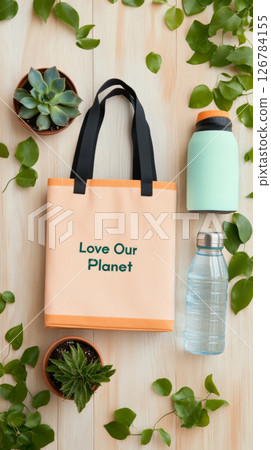 Eco-friendly flat lay with reusable bag, plants, and water bottle, background 126784155
