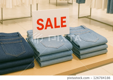 Stack of jeans displayed in a store with sale sign, highlighting clothes retail 126784186