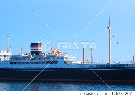 A panoramic view of the historic passenger ship Hikawa Maru anchored in Yokohama Port A panoramic view of the historic passenger ship Hikawa Maru anchored in Yokohama Port 126784207