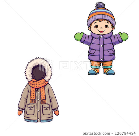 Vsai happy child wearing winter clothes and empty parka with orange scarf 126784454
