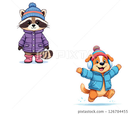 Vsai raccoon and dog wearing winter clothes and accessories 126784455