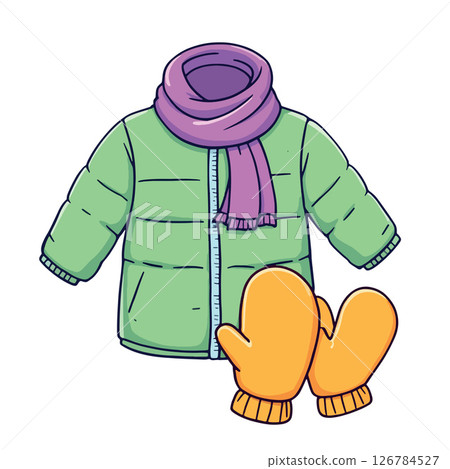 Vsai warm winter clothes protecting from cold weather, green padded jacket, purple scarf and yellow mittens 126784527