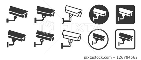 Security camera icons set. Security cameras in use symbol icon. Fixed CCTV camera logo sign shape. Vector illustration image. Isolated on white background.	 126784562