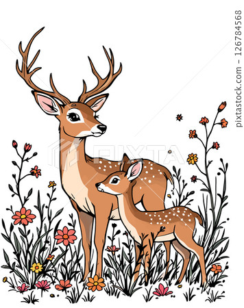 Vsai mother deer and fawn standing in wildflowers 126784568