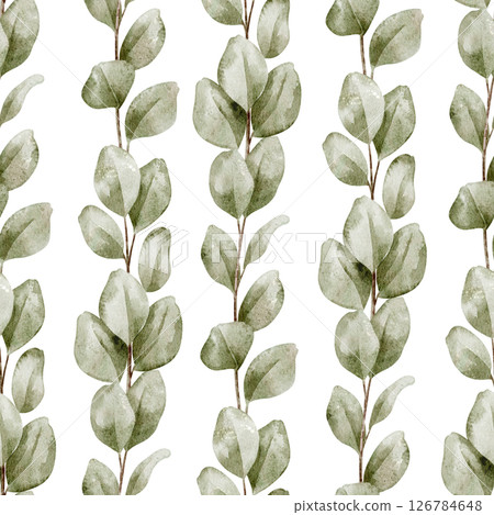 Seamless watercolor Pattern with Eucalyptus branches and soft green leaves. Illustration of botanical Background for textiles, nature designs and wallpapers. Backdrop for bed linen or wrapping paper. Seamless watercolor Pattern with Eucalyptus branches and soft green leaves. Illustration of botanical Background for textiles, nature designs and wallpapers. Backdrop for bed linen or wrapping paper. 126784648