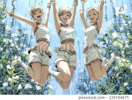 Illustration material of three jumping pixie fairy sisters 126784675