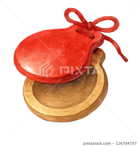 紅色響板的水彩插圖，可用於兒童保育和音樂教材的手繪樂器材料 126784707