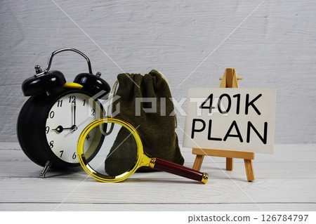 401K Plan text with alarm clock and magnifying glass on wooden background 126784797