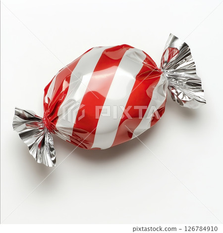 red and white striped candy. The candy is in the shape of an oval and is wrapped in a silver foil	 red and white striped candy. The candy is in the shape of an oval and is wrapped in a silver foil	 126784910