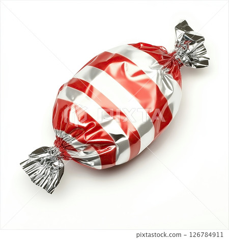 red and white striped candy. The candy is in the shape of an oval and is wrapped in a silver foil	 red and white striped candy. The candy is in the shape of an oval and is wrapped in a silver foil	 126784911