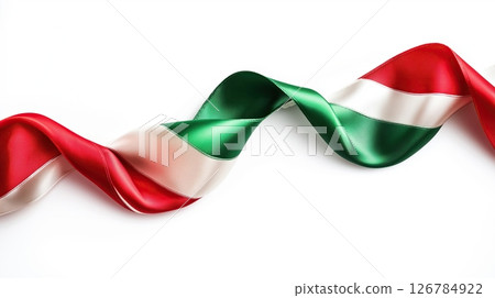 red, white and green ribbon or banner. The ribbon is made of a shiny, satin-like material and has a smooth texture.	 126784922