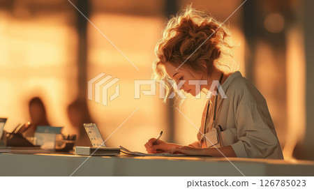 A medical office worker concentrating on record-keeping as the setting sun shines through 126785023