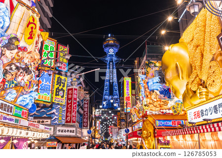 Osaka Prefecture: Night view of Shinsekai overlooking Tsutenkaku 126785053