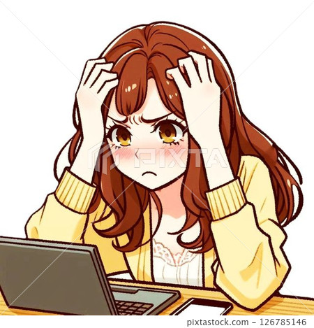 A woman holding her head in front of a computer 126785146