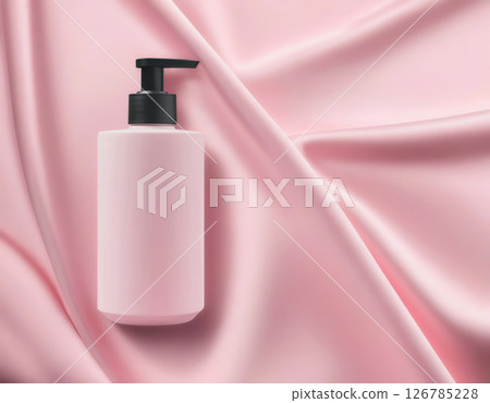 Pink pump Cosmetic bottle Positioned Gracefully on a Pink Fabric Background 126785228