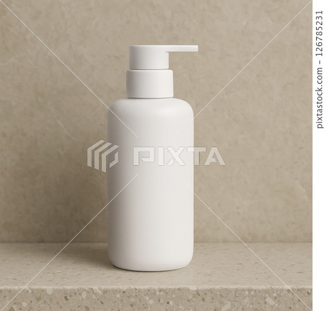 Plastic white pump bottle on a beige marble 126785231