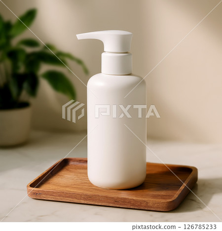 White Pump Bottle displayed on a Wooden Tray adorned with Greenery in warm cozy interior 126785233