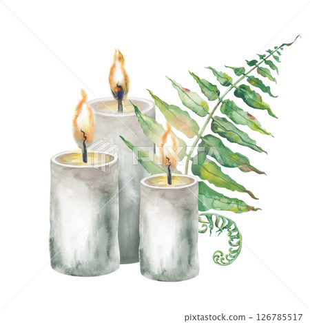 Watercolor composition with candles and ferns, hand-drawn. A template for Halloween and mystical events. Mood. 126785517