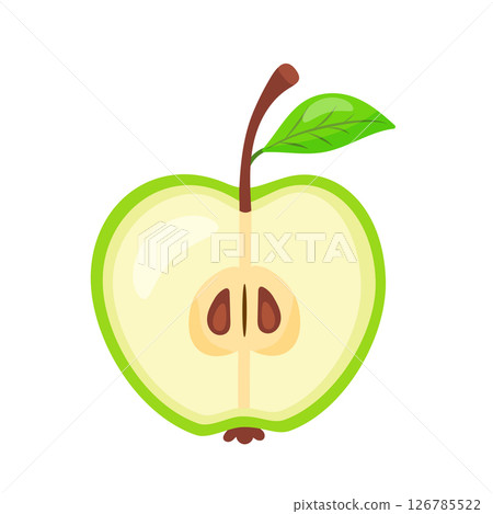 Half of cut green sweet and tasty apple. Natural fruits, hand drawn. Half of cut green sweet and tasty apple. Natural fruits, hand drawn. 126785522